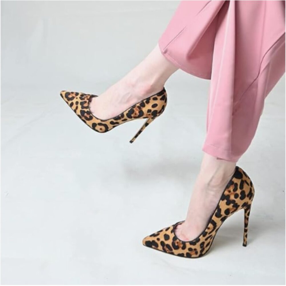 FSJ Brown Suede Sexy Leopard Printed Dress Shoes Pointy Toe High Heels Pumps